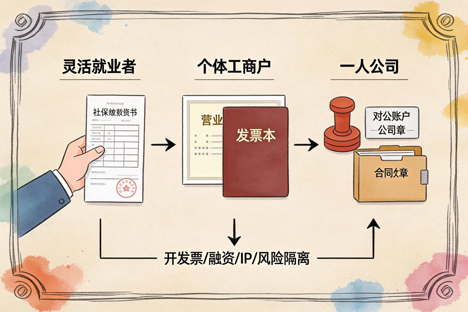 一张对照信息图式画面：左侧“灵活就业者”是一人拿着社保缴费单；中间“个体工商户”是一张营业执照与发票本；右侧“一人公司”是对公账户、公司章与合同文件夹，三者之间用箭头标注“开发票/融资/IP/风险隔离”，羊皮纸，钢笔彩色手绘的统一风格。