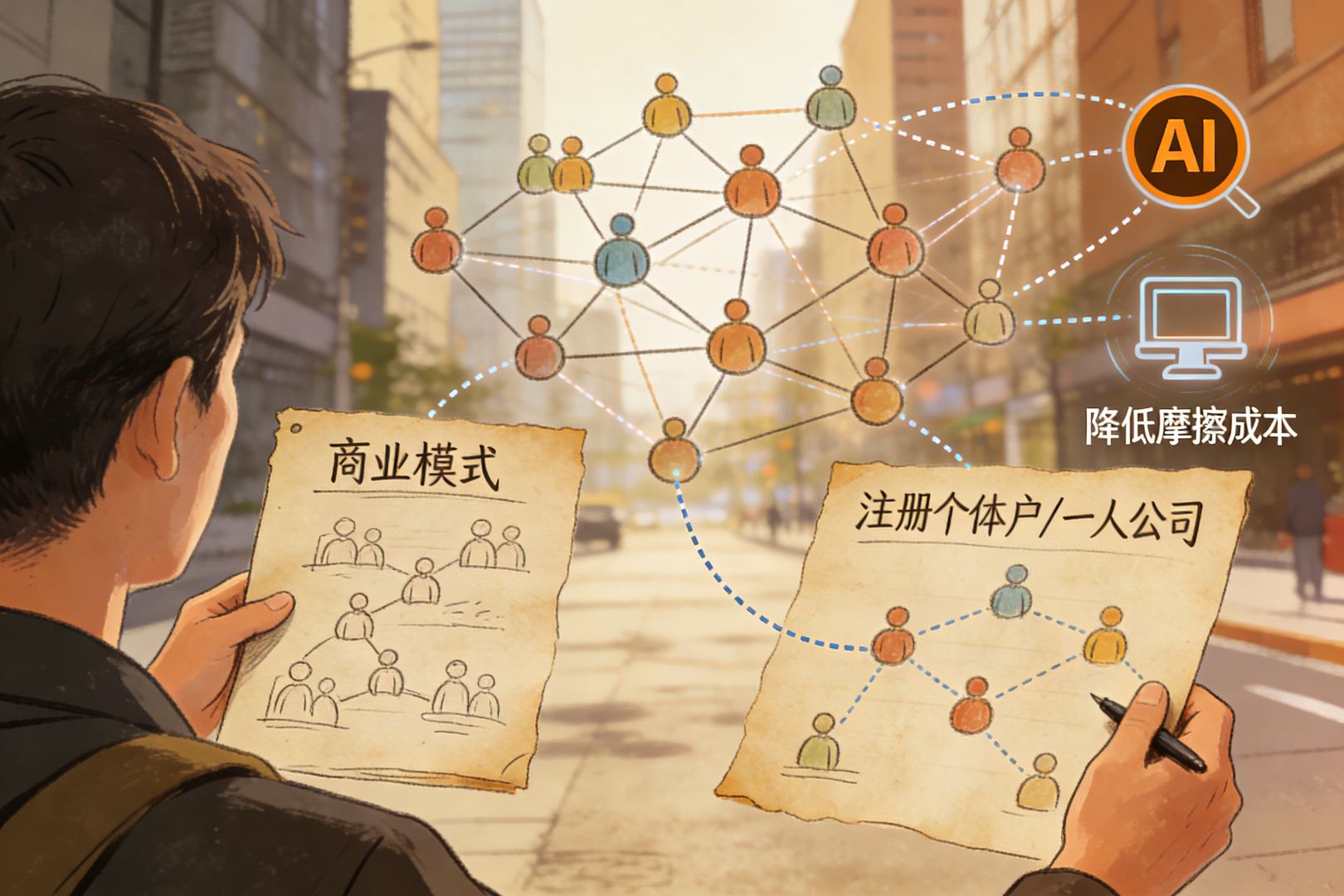  一个人站在城市街道上，手里拿着“商业模式”草图与“注册个体户/一人公司”路线图，前方是由许多小团队节点连接成的协作网络，旁边有AI工具图标与“降低摩擦成本”字样，整体呈现冷静决策与协作未来感，羊皮纸，钢笔彩色手绘的统一风格。