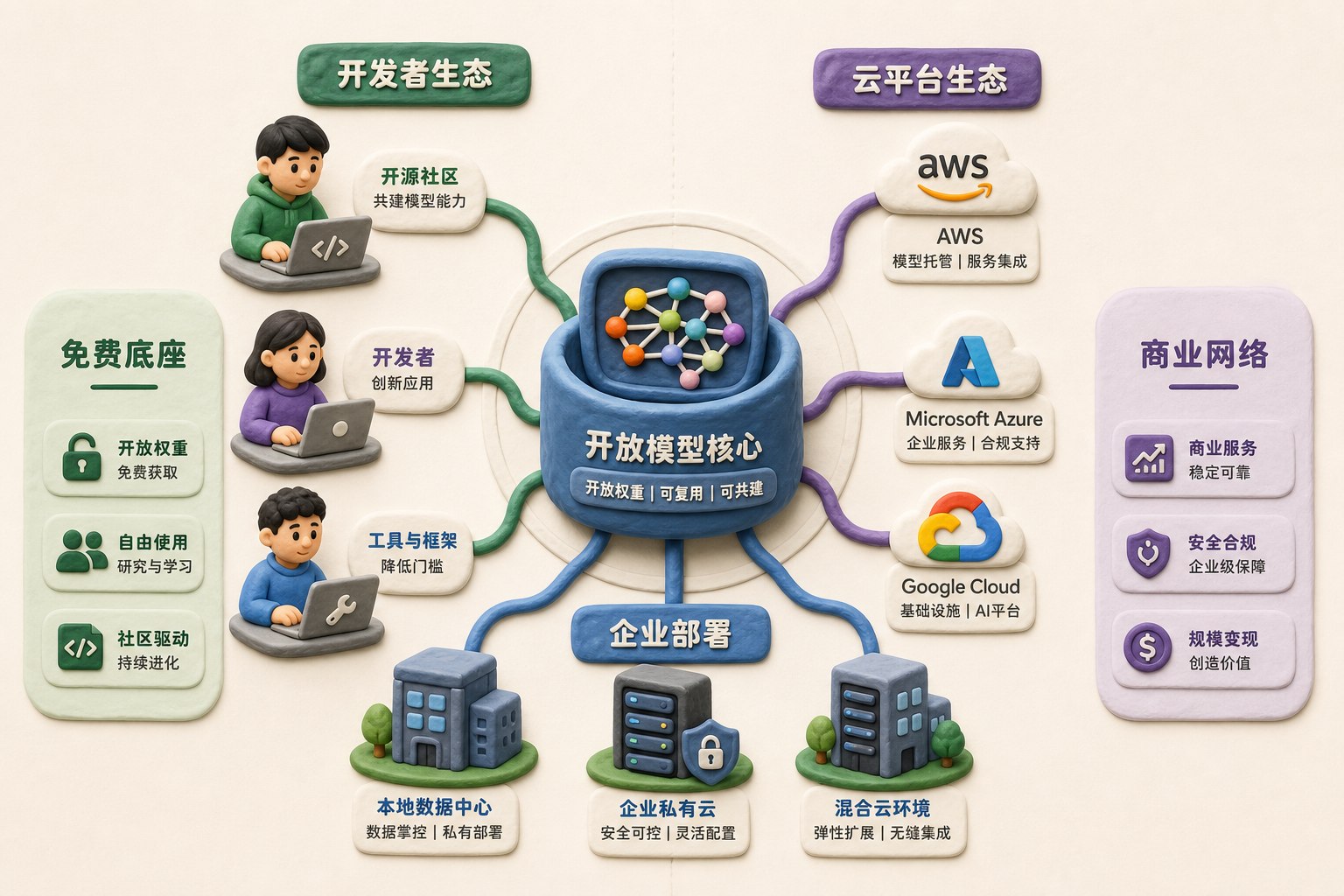 开放的模型核心置于画面中央，开发者、企业服务器与云平台从四周连接，形成免费底座与商业网络的封面对照构图，浅色背景的商业评论版橡皮泥平面信息图的统一风格。