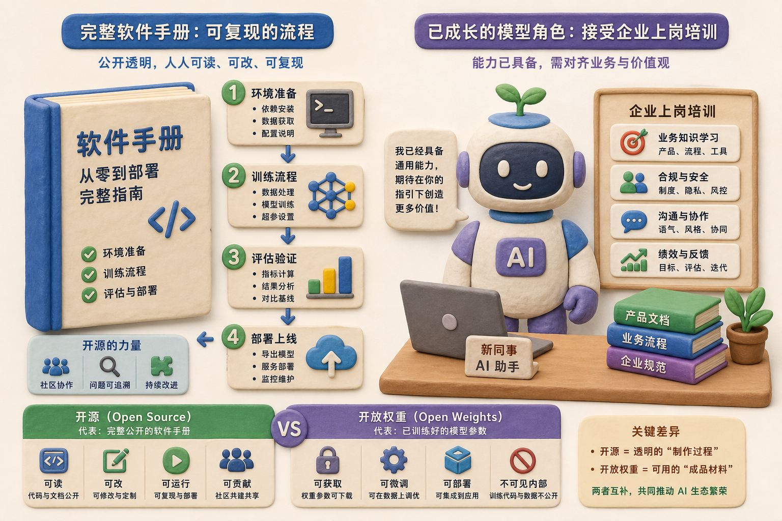 一本完整软件手册与一个已经成长的模型角色并排，前者展示可复现流程，后者接受企业上岗培训，突出开源与开放权重差异，浅色背景的商业评论版橡皮泥平面信息图的统一风格。