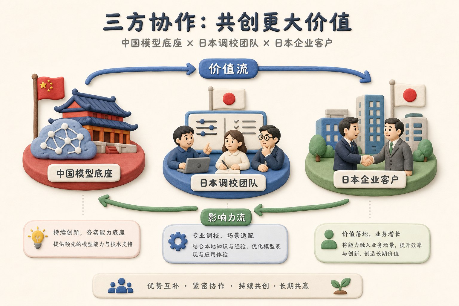 中国模型底座、日本调校团队和日本企业客户形成三方协作场景，价值流与影响力流分开展示，不标注具体数据，浅色背景的商业评论版橡皮泥平面信息图的统一风格。