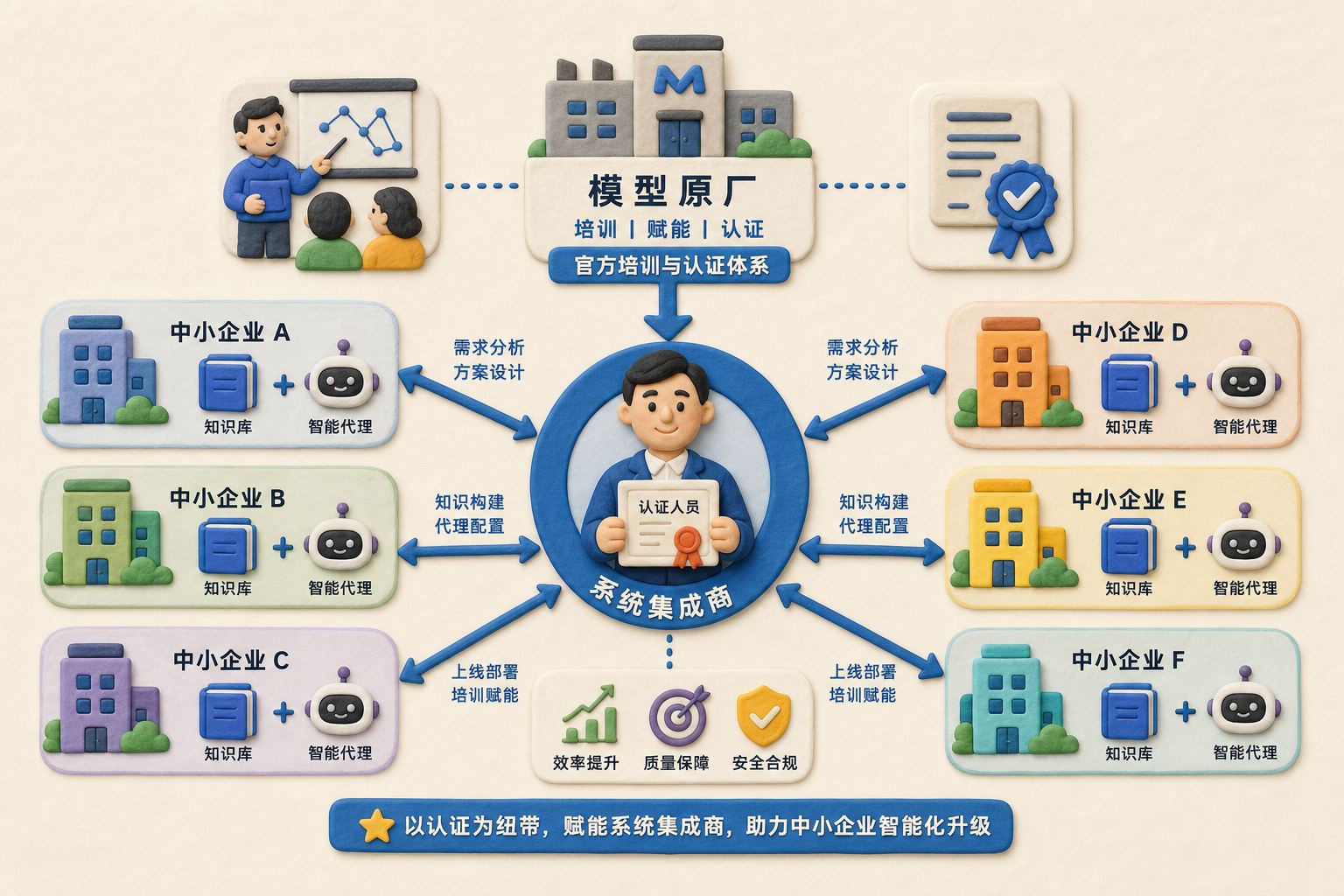 模型原厂培训系统集成商，认证人员再为多家中小企业搭建知识库与智能代理，采用中心辐射构图，浅色背景的商业评论版橡皮泥平面信息图的统一风格。