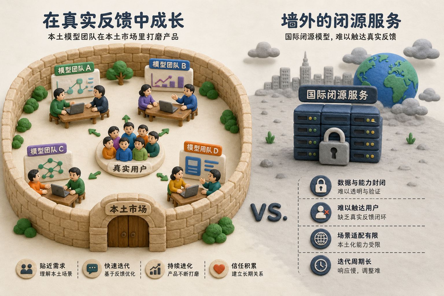 被围起的本土市场里，多家模型团队在真实用户反馈中磨炼产品，围墙之外是国际闭源服务，采用内外对照构图，浅色背景的商业评论版橡皮泥平面信息图的统一风格。