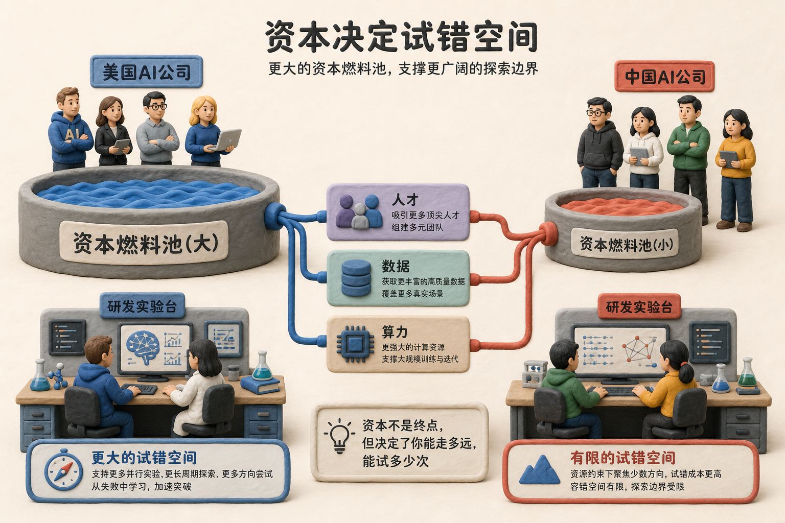中美两组AI公司站在不同规模的资本燃料池旁，人才、数据和算力通向研发实验台，突出资本决定试错空间，不标注金额或比例，浅色背景的商业评论版橡皮泥平面信息图的统一风格。