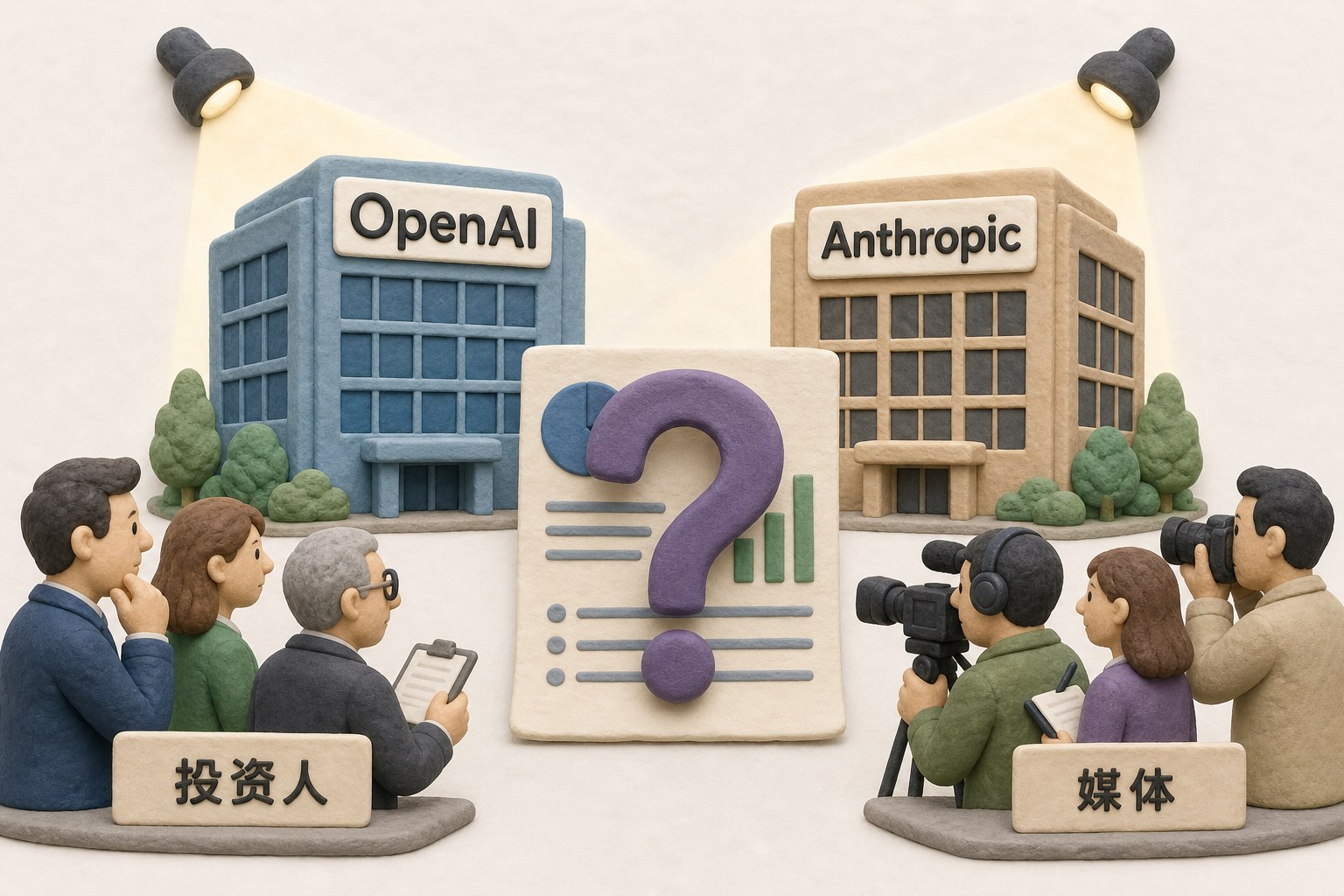 OpenAI与Anthropic两座科技公司大楼并列在聚光灯下,前景是一张被巨大问号遮住的业绩答卷,投资人和媒体分立两侧审视,横向封面构图,不显示具体数值,不标注具体日期,只显示以上文字与数据,不补充其他数字、日期、比例、排名或因果关系。浅色背景的商业评论版橡皮泥平面信息图的统一风格。