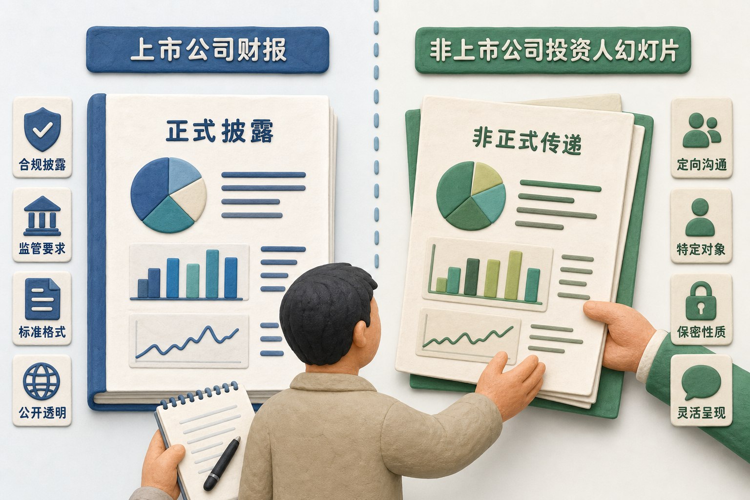 一份格式严谨的上市公司财报与一套非上市公司投资人幻灯片左右对照,记者从投资人手中接过资料,画面突出正式披露与非正式传递的差别,不显示具体数值,不标注具体日期,只显示以上文字与数据,不补充其他数字、日期、比例、排名或因果关系。浅色背景的商业评论版橡皮泥平面信息图的统一风格。