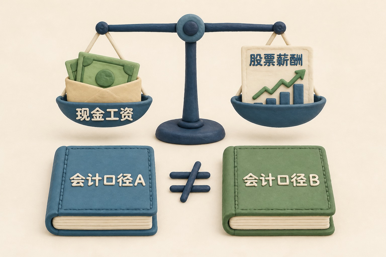 一架财务天平两端分别放着现金工资和股票薪酬,旁边两本采用不同会计口径的账簿无法直接叠加比较,概念化构图,不显示具体数值,不标注具体日期,只显示以上文字与数据,不补充其他数字、日期、比例、排名或因果关系。浅色背景的商业评论版橡皮泥平面信息图的统一风格。