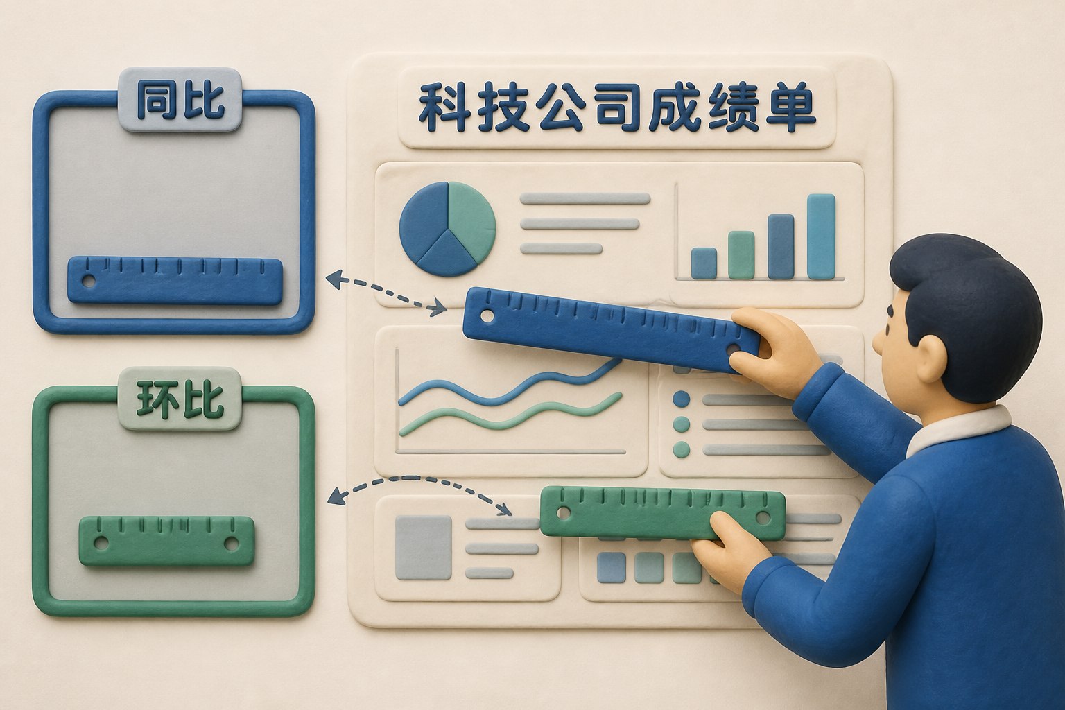 两条标着“同比”和“环比”的不同长度测量尺被错误放在同一张科技公司成绩单上,一名分析者把它们分开放回各自框架,概念化构图,不显示具体数值,不标注具体日期,只显示以上文字与数据,不补充其他数字、日期、比例、排名或因果关系。浅色背景的商业评论版橡皮泥平面信息图的统一风格。
