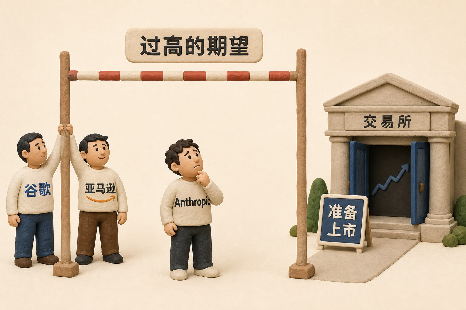 谷歌与亚马逊代表的投资人把一根过高的期望横杆架在Anthropic前方,旁边是准备上市的交易所入口,强调目标与实际之间的心理落差,不显示具体数值,不标注具体日期,只显示以上文字与数据,不补充其他数字、日期、比例、排名或因果关系。浅色背景的商业评论版橡皮泥平面信息图的统一风格。