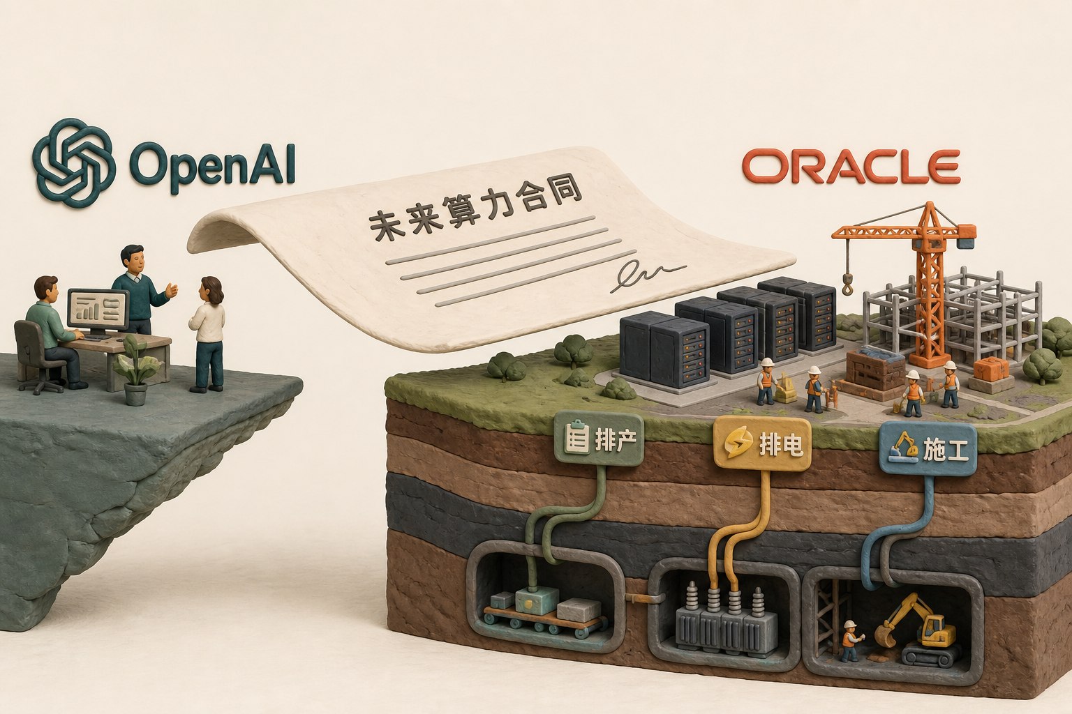 一张巨大的未来算力合同横跨OpenAI与Oracle之间,合同一侧仍在表外悬空,另一侧的数据中心已经开始排产、排电和施工,概念化剖面构图,不显示具体数值,不标注具体日期,只显示以上文字与数据,不补充其他数字、日期、比例、排名或因果关系。浅色背景的商业评论版橡皮泥平面信息图的统一风格。