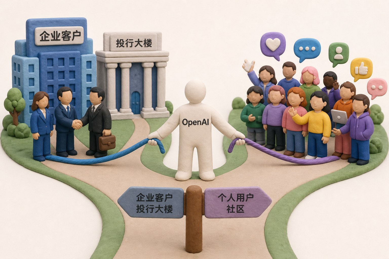 OpenAI站在分岔路口,一条路通向拿着长期合同的企业客户和投行大楼,另一条路通向数量众多的个人用户社区,主体同时牵住两端,概念化构图,不显示具体数值,不标注具体日期,只显示以上文字与数据,不补充其他数字、日期、比例、排名或因果关系。浅色背景的商业评论版橡皮泥平面信息图的统一风格。