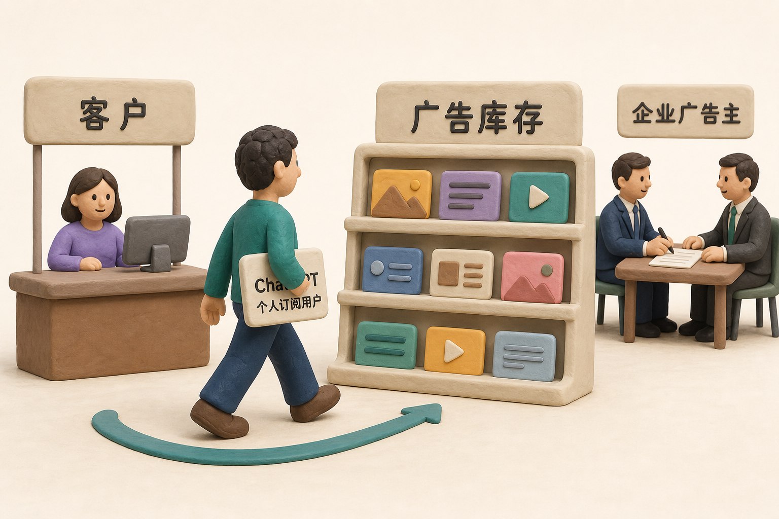 一名ChatGPT个人订阅用户从标有“客户”的柜台走向标有“广告库存”的展示架,远处企业广告主正在签约投放,画面突出身份转换,不显示具体数值,不标注具体日期,只显示以上文字与数据,不补充其他数字、日期、比例、排名或因果关系。浅色背景的商业评论版橡皮泥平面信息图的统一风格。