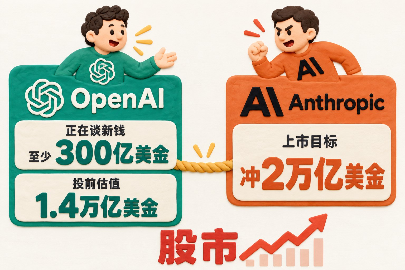 封面采用二维海报版式,左侧一个OpenAI矩形信息框,右侧一个Anthropic矩形信息框,中间一根平面线条绳连接,下方仅用股市二字和扁平线图符号;所有对象只保留正面薄薄的橡皮泥肌理,不产生立体场景