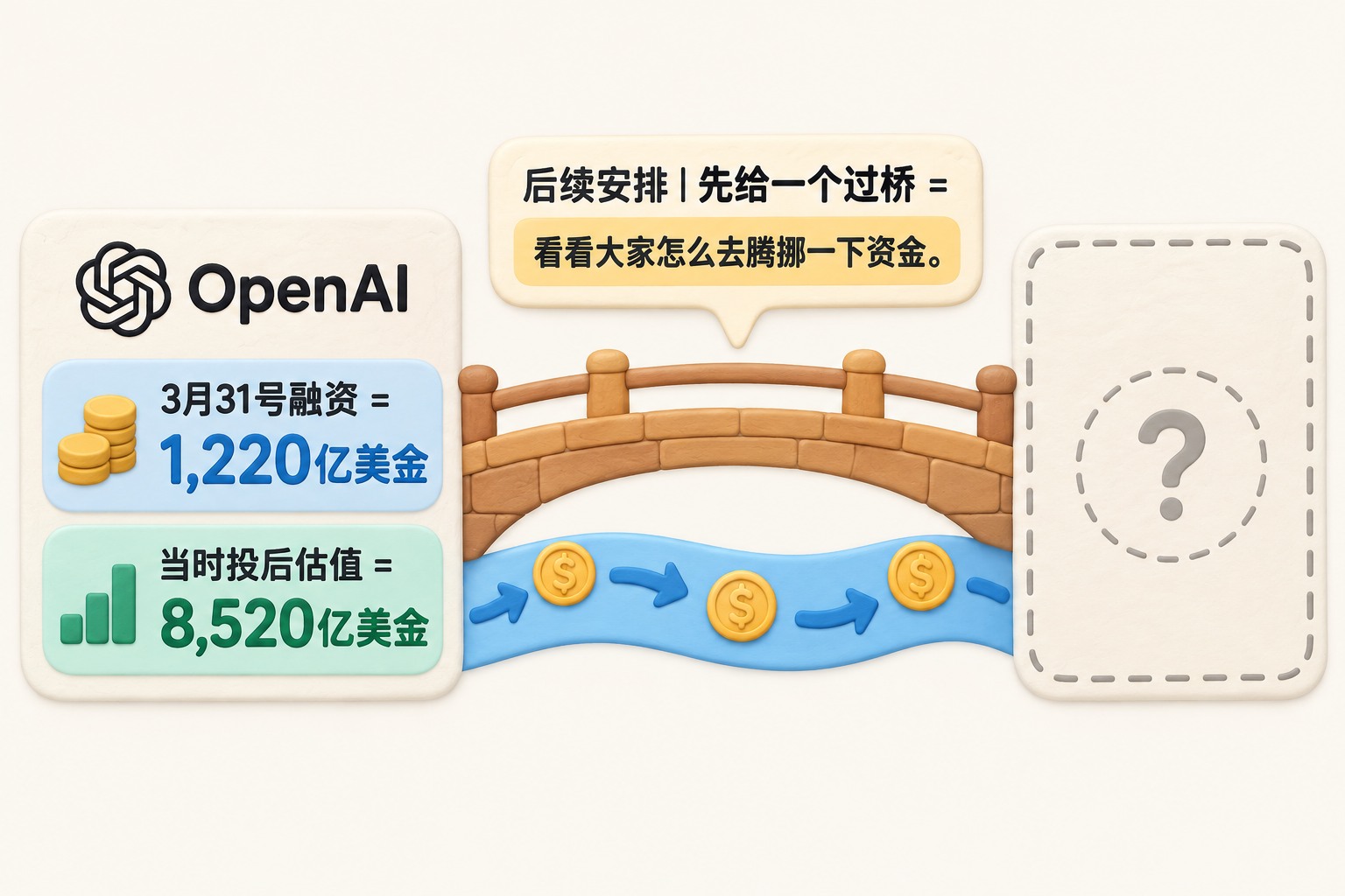 一座简化的桥连接OpenAI已融资卡片和下一笔待筹资金空位,桥下有资金流动箭头;不要把待筹资金画成到账