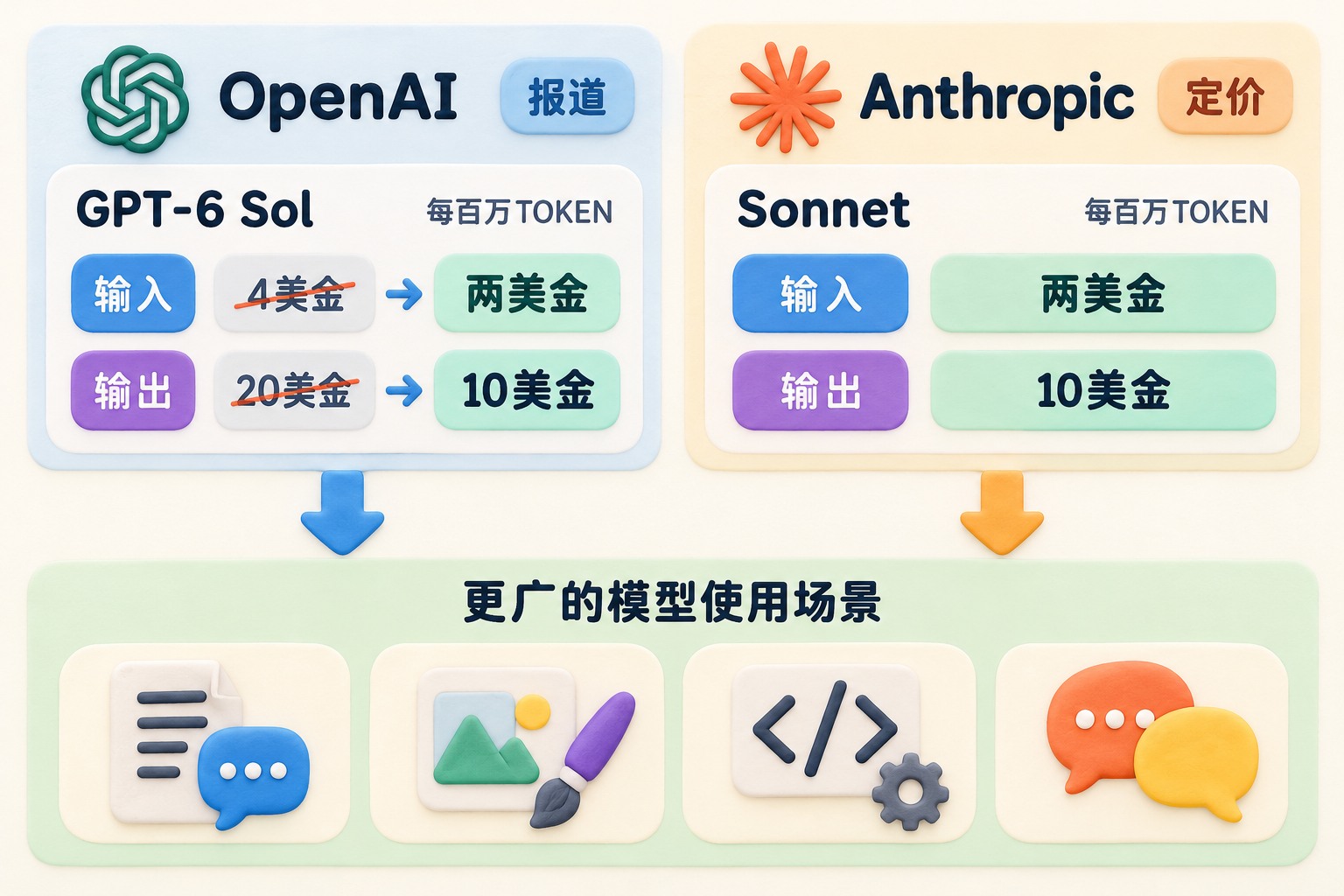 两侧并列价格卡片展示OpenAI与Anthropic降价,卡片下方用向下箭头连接更广的模型使用场景;保留“报道”和“定价”的来源区别