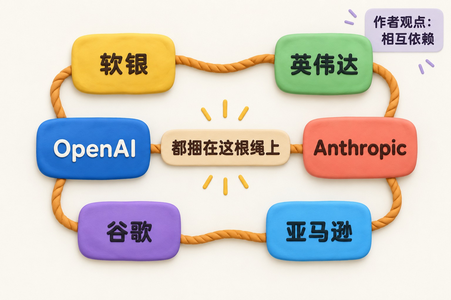 纯二维关系示意图,中央两个扁平名称框OpenAI和Anthropic,外围四个同等大小的扁平名称框软银、英伟达、谷歌、亚马逊,一根无箭头的平面绳形线把六个名称框连接,中央标签“都捆在这根绳上”,角落标签“作者观点:相互依赖”;不画人物、山、地面、岩石或立体场景,不画有方向的资金流或新关系,不使用写实品牌标志