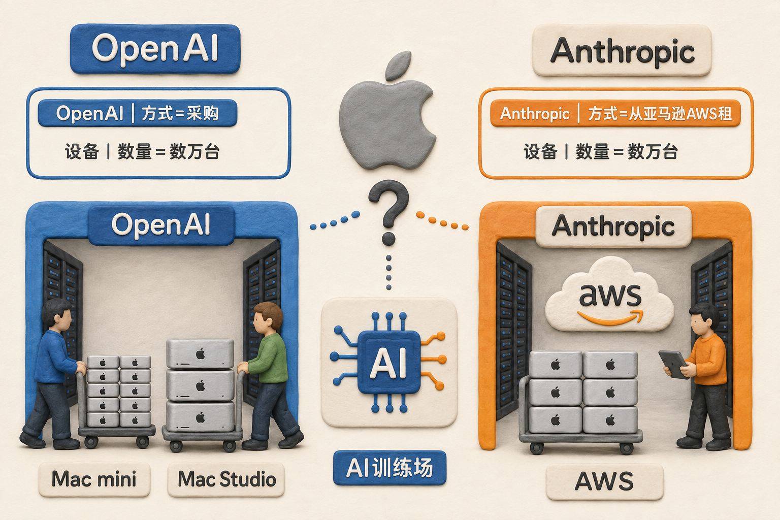 封面采用左右双通道机架构图，左侧OpenAI把成排Mac mini和Mac Studio推进机房，右侧Anthropic通过AWS租用Mac，中间以苹果标识和问号连接AI训练场；可见事实元素：OpenAI、Anthropic、Mac mini、Mac Studio、AWS、数万台