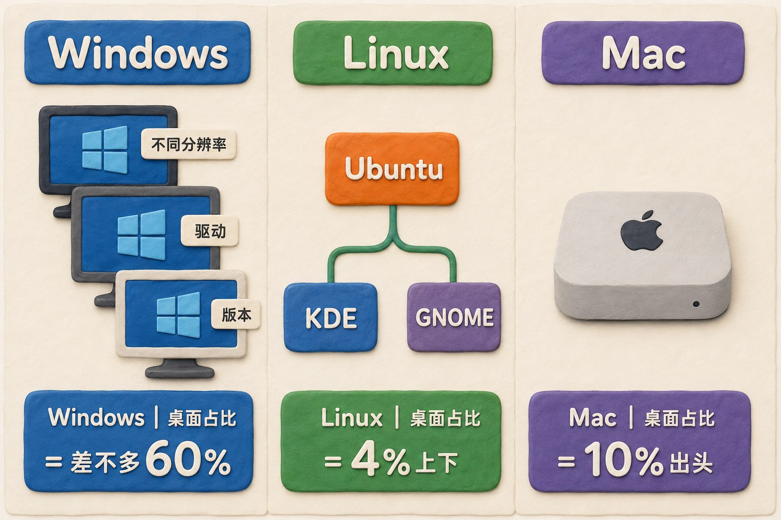 三栏平面对比Windows、Linux与Mac，Windows栏堆叠不同分辨率、驱动和版本，Linux栏展示Ubuntu、KDE、GNOME分叉，Mac栏展示整齐一致的Mac mini；可见事实元素：Windows、Linux、Mac、Ubuntu、KDE、GNOME、60%、4%、10%出头