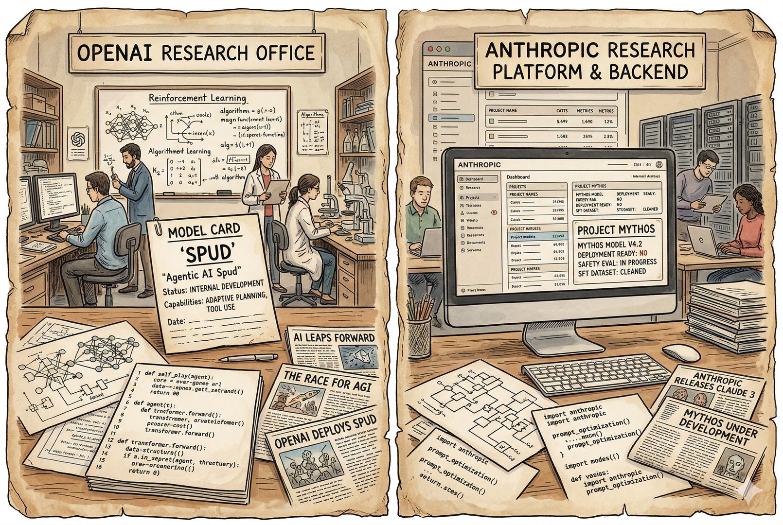两家 AI 实验室的对照封面，一侧是写着 OpenAI 的研究办公室与代号 Spud 的模型卡片，另一侧是 Anthropic 的官网后台与 Mythos 名称条目，桌上散落电路图、代码页面和新闻剪报，羊皮纸，钢笔彩色手绘的统一风格。