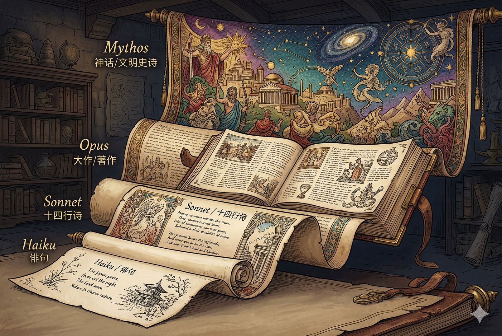 从 Haiku、Sonnet、Opus 到 Mythos 的阶梯式卷轴，短诗纸页逐渐过渡为厚重史诗书册，最上方展开一幅描绘文明神话与群星叙事的大型挂毯，羊皮纸，钢笔彩色手绘的统一风格。