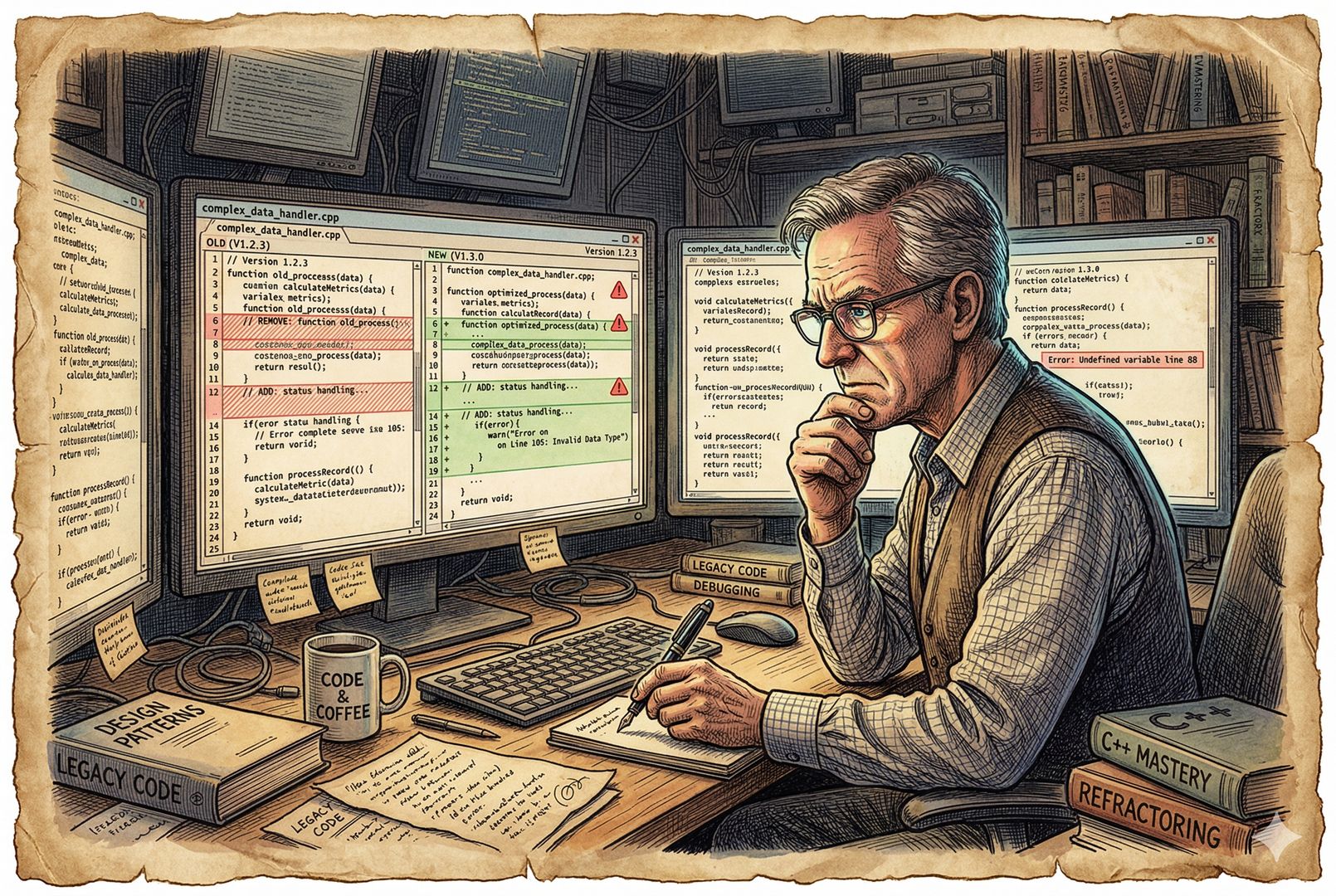 资深程序员在堆满显示器的工位前审查复杂代码差异，屏幕上同时显示旧版本与新版本、红绿标记的变更行和错误警告，神情专注，羊皮纸，钢笔彩色手绘的统一风格。