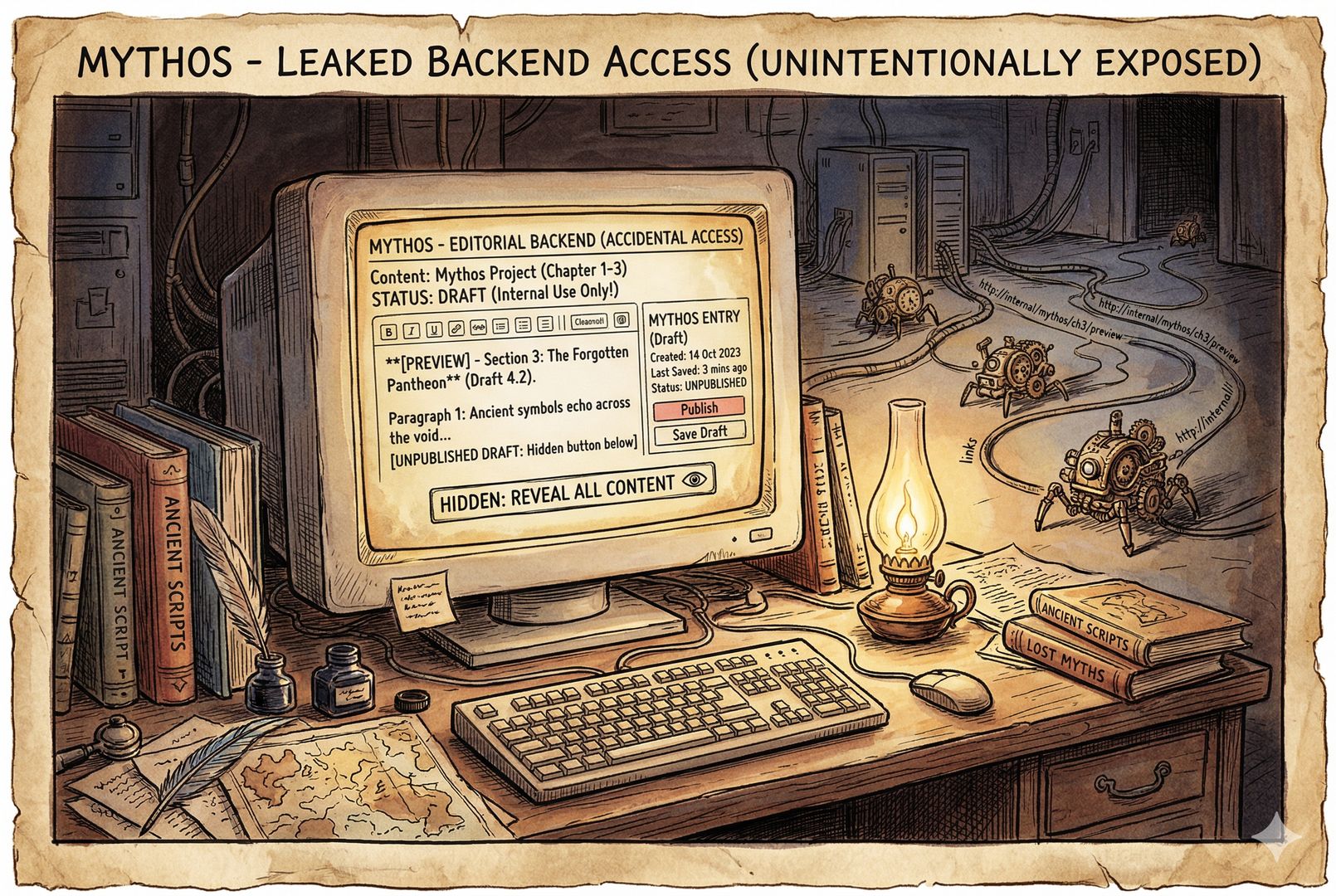 公司官网后台 CMS 界面被意外暴露的场景，编辑页面里出现 Mythos 的发布条目、隐藏按钮和预览草稿，远处像爬虫一样的小型机械装置顺着网页链接爬行，羊皮纸，钢笔彩色手绘的统一风格。