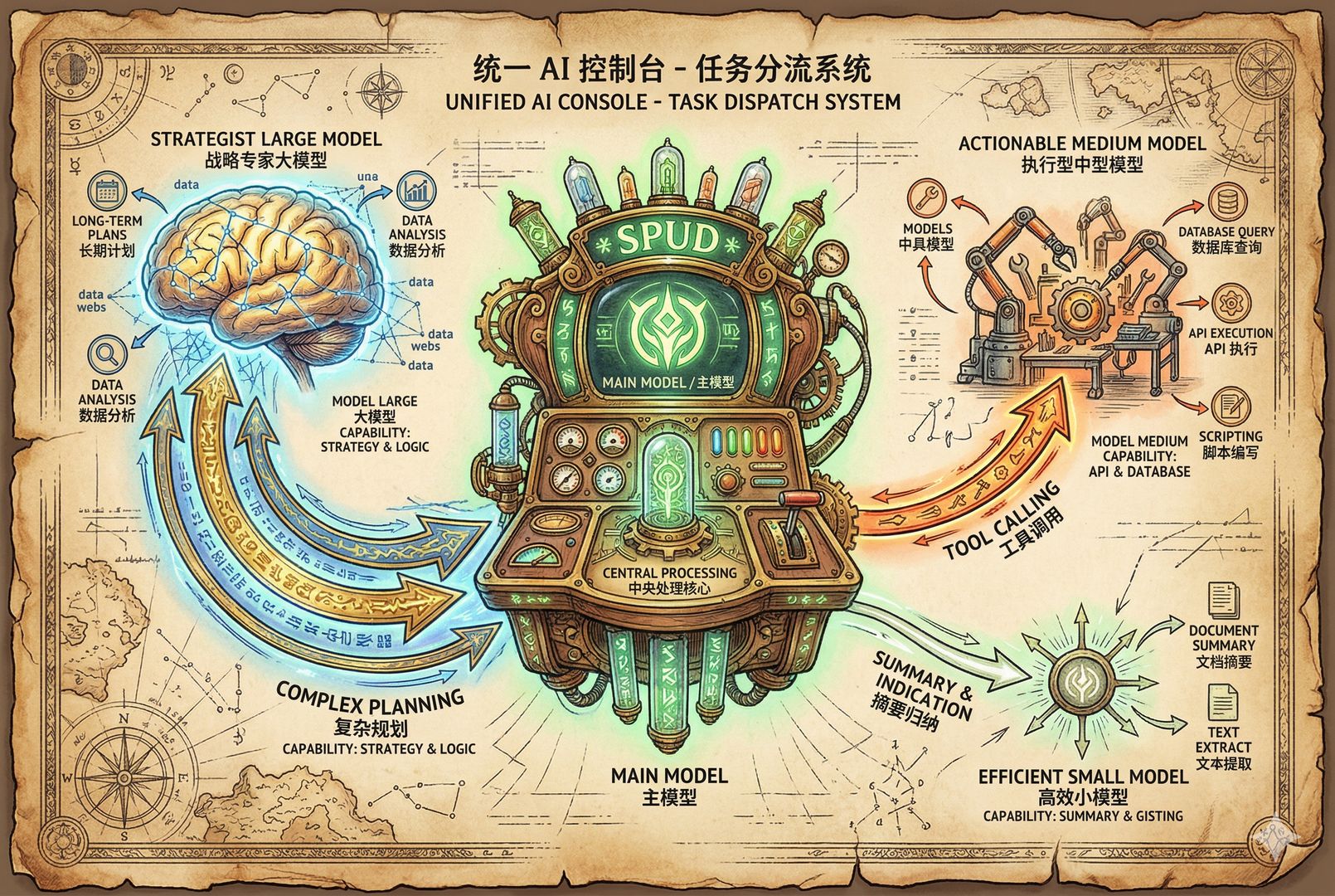 一个统一入口的 AI 控制台，中央是名为 Spud 的主模型面板，向不同大小的子模型节点分流任务：复杂规划、工具调用、摘要归纳，各条路径用不同粗细箭头连接，羊皮纸，钢笔彩色手绘的统一风格。