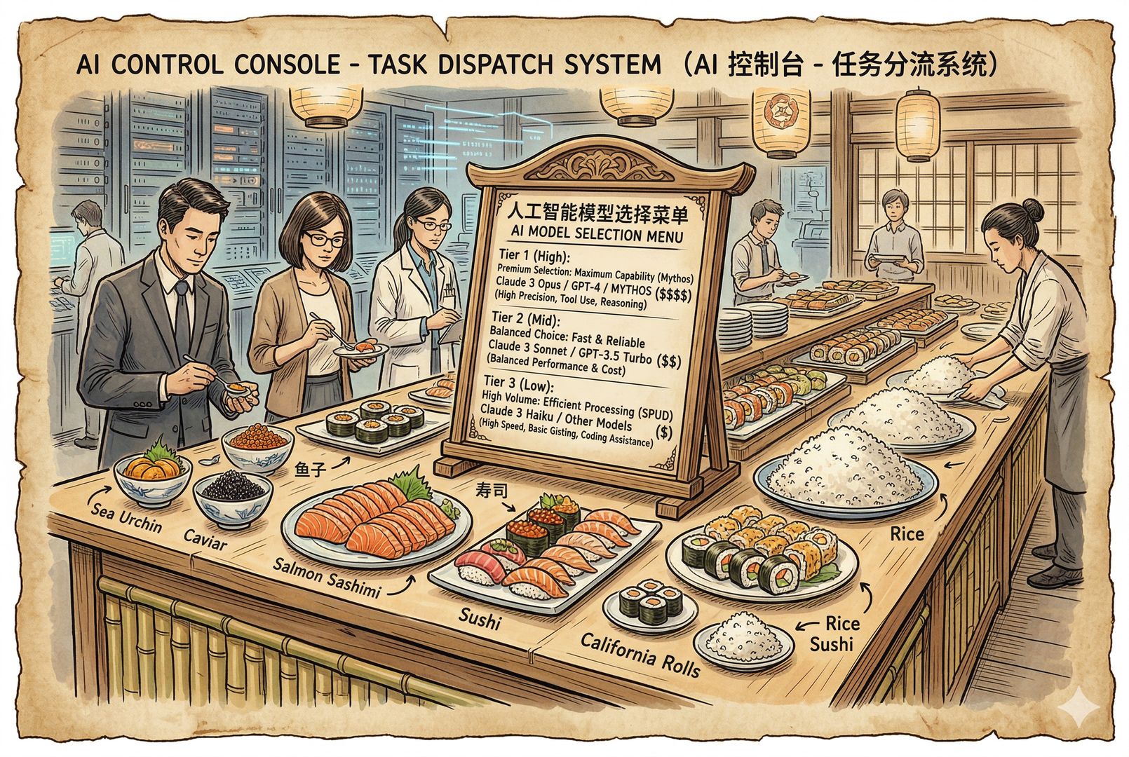 日料自助餐台的比喻画面，海胆、鱼子、三文鱼、寿司、加州卷和米饭被整齐摆放，顾客只少量取用最贵食材，菜单旁隐约对应不同模型档位，羊皮纸，钢笔彩色手绘的统一风格。