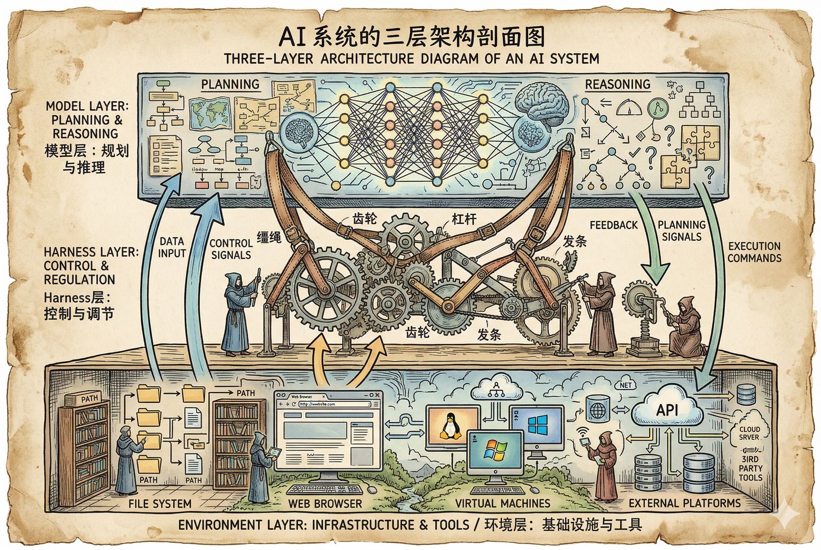 三层结构剖面图，底层是文件系统、浏览器、虚拟机和外部平台组成的环境层，中层是带缰绳与齿轮的 harness 层，顶层是负责规划与推理的模型层，层间有清晰箭头流动，羊皮纸，钢笔彩色手绘的统一风格。