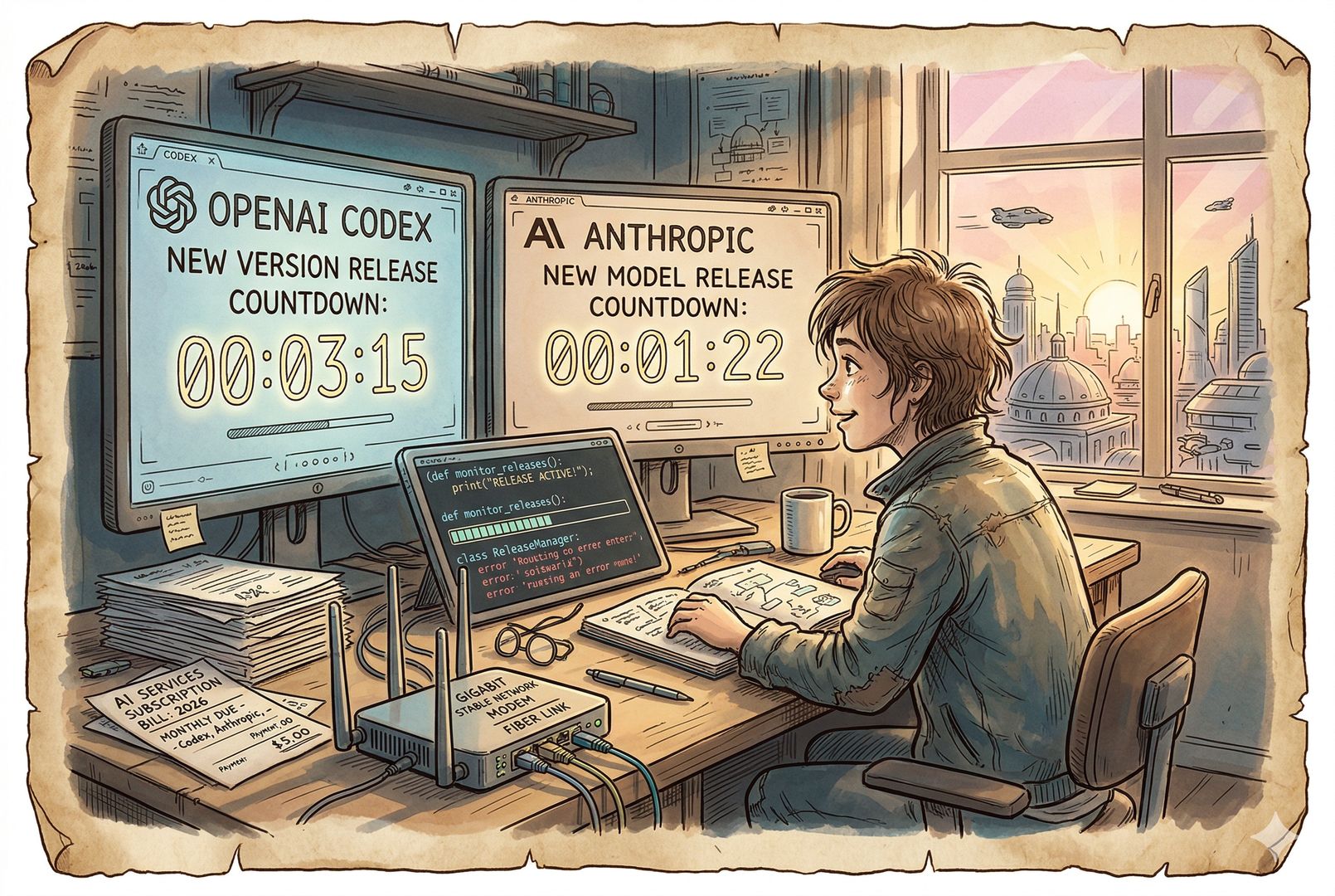 近未来工作台前的用户同时观察 OpenAI Codex 与 Anthropic 新模型发布倒计时，桌上放着订阅账单、稳定网络设备和运行中的开发终端，窗外晨光映入，带有期待感，羊皮纸，钢笔彩色手绘的统一风格。