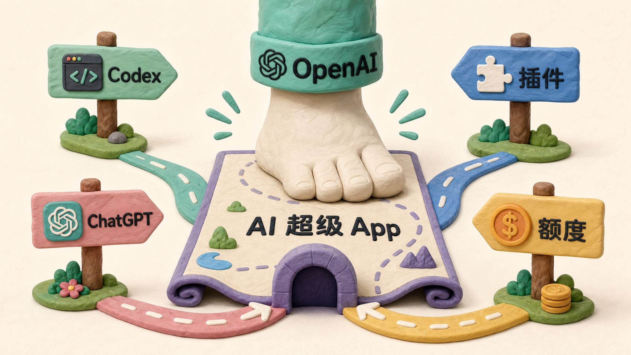 中央是一只写着 OpenAI 的橡皮泥脚踩在“AI 超级 App”路线图上，旁边有 Codex、ChatGPT、插件、额度四个路标汇聚到同一个入口，浅色背景的商业评论版橡皮泥平面信息图的统一风格。