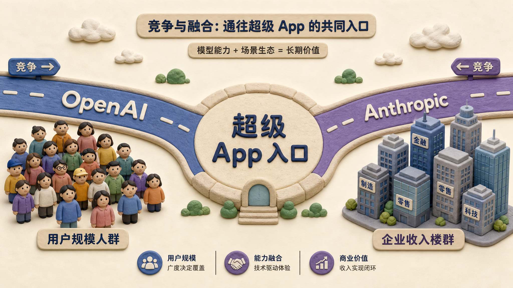 OpenAI 和 Anthropic 两条橡皮泥赛道从左右两侧汇入同一个“超级 App 入口”圆形广场，左侧标注用户规模人群，右侧标注企业收入楼群，浅色背景的商业评论版橡皮泥平面信息图的统一风格。
