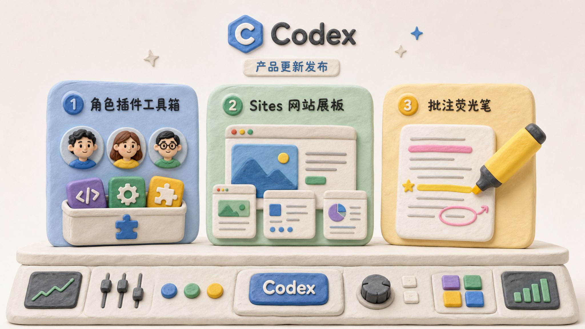 控制台上摆着三个橡皮泥功能卡片，分别是角色插件工具箱、Sites 网站展板和批注荧光笔，三张卡片从同一个发布会舞台弹出，浅色背景的商业评论版橡皮泥平面信息图的统一风格。