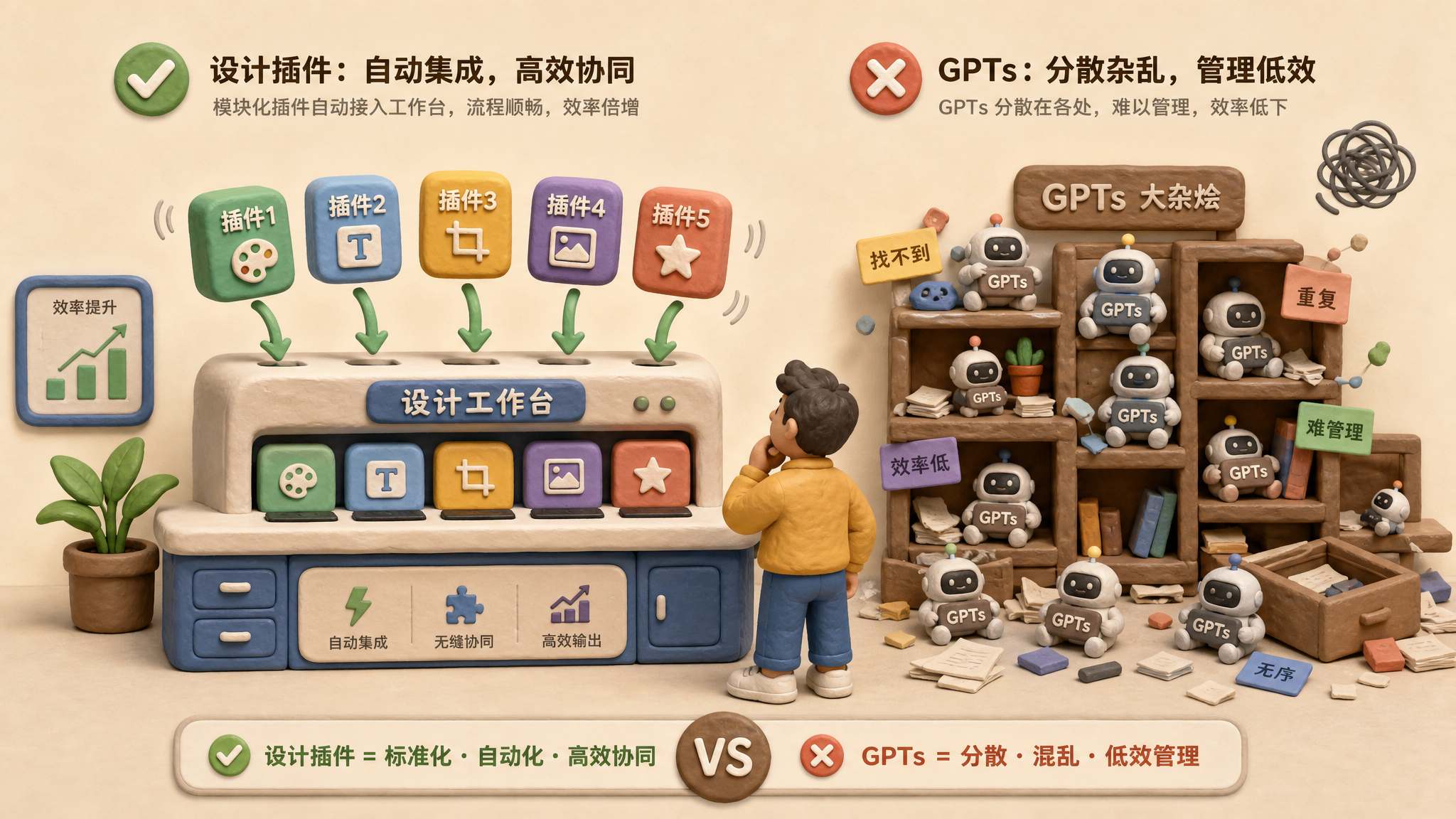 一个橡皮泥设计师站在岗位工具包前，五个标好设计插件的小模块自动插入工作台，旁边散落着混乱的 GPTs 小机器人货架形成对比，浅色背景的商业评论版橡皮泥平面信息图的统一风格。
