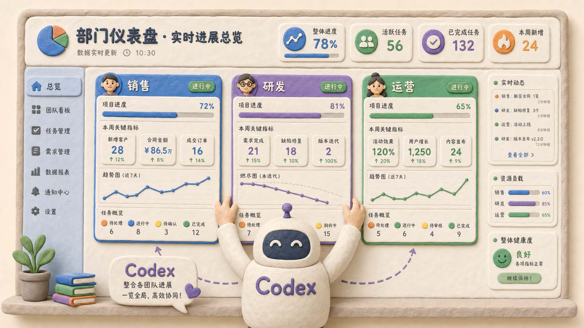 一个部门橡皮泥仪表盘墙上排列着实时变化的网站模块，销售、研发、运营三个小团队的进度卡片被 Codex 放到同一块展示板上，浅色背景的商业评论版橡皮泥平面信息图的统一风格。