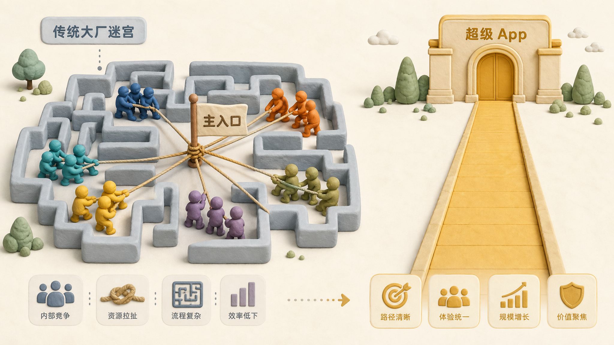 一个传统大厂迷宫里多个橡皮泥团队拉扯同一个“主入口”旗帜，远处单一超级 App 大门只有一条清晰通道形成对照，浅色背景的商业评论版橡皮泥平面信息图的统一风格。