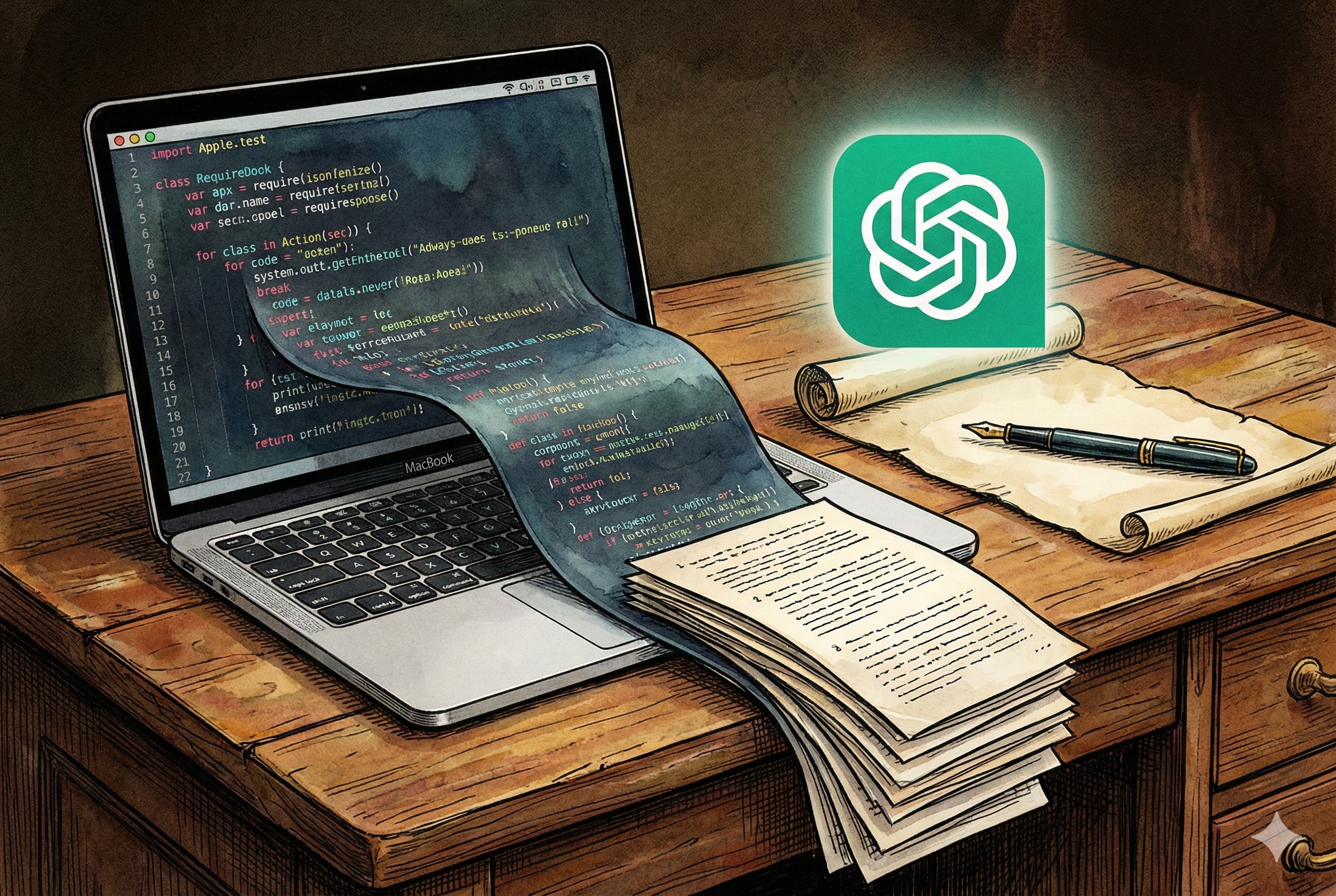 一台银色的苹果笔记本电脑放在复古的木质桌面上，屏幕中流淌的代码正在变成一叠叠整齐的办公文档，旁边漂浮着一个发光的OpenAI六边形标志，羊皮纸，钢笔彩色手绘的统一风格。