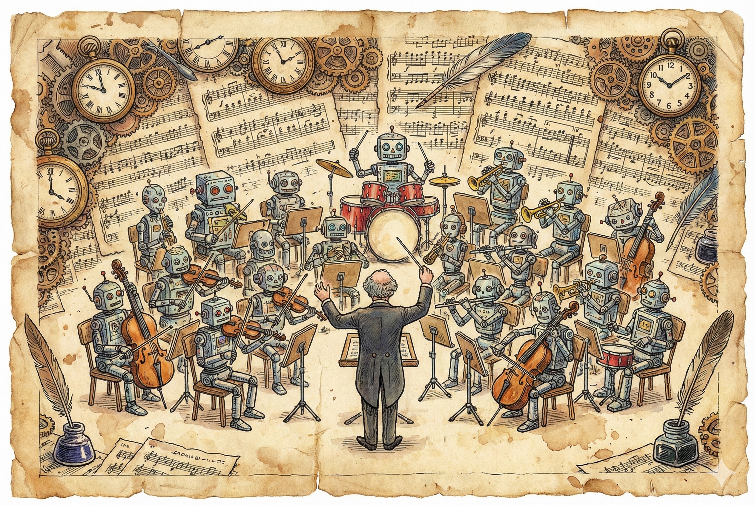 一个指挥家手里拿着指挥棒，面前是指挥着一支由多个小型机器人组成的乐队，每个机器人都在并行演奏不同的乐器，背景是复杂的五线谱和时钟，羊皮纸，钢笔彩色手绘的统一风格。