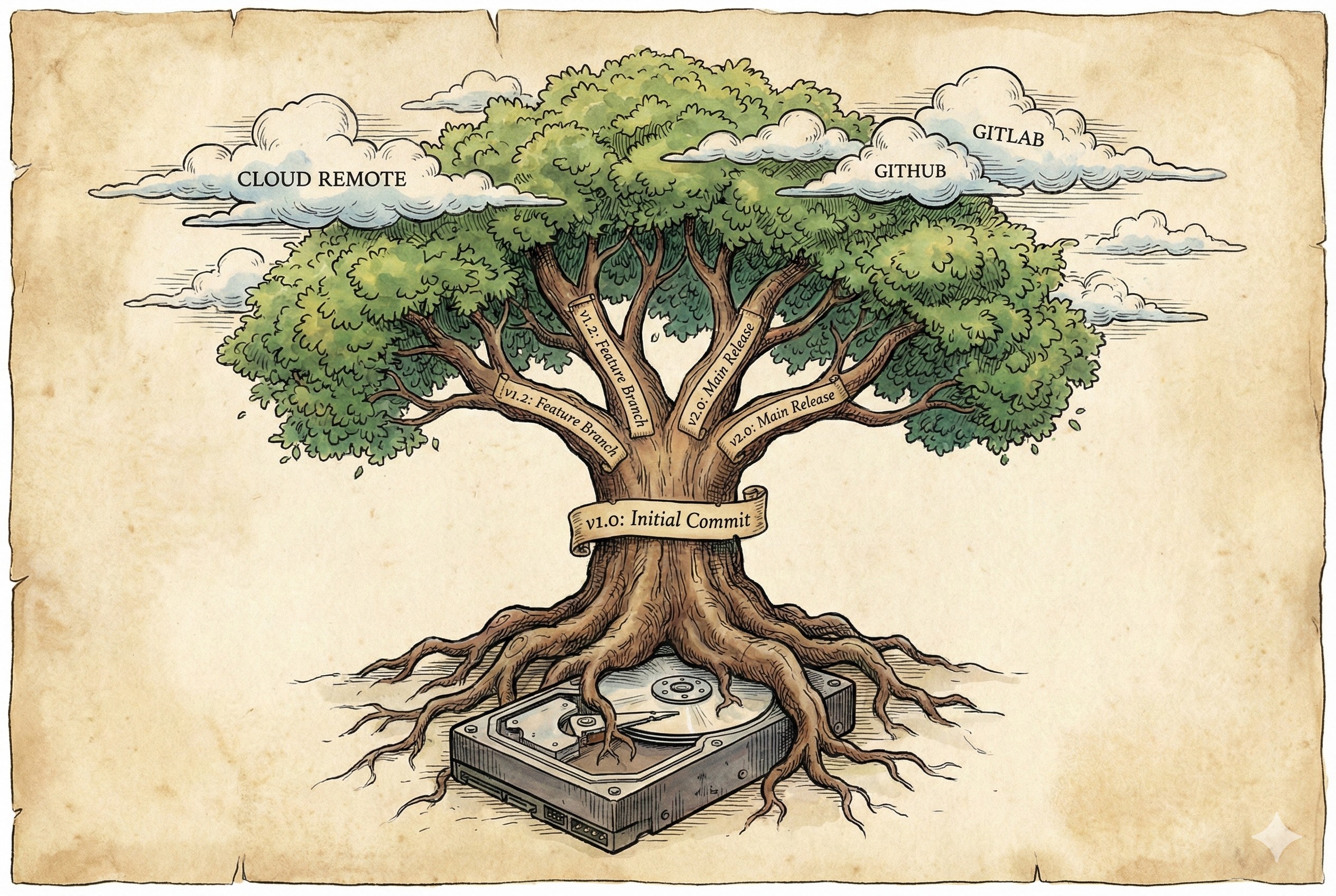 一棵生长茂盛的大树，粗壮的树根扎在本地硬盘上，树枝分叉代表不同的工作版本，繁茂的树冠延伸到云端，羊皮纸，钢笔彩色手绘的统一风格。