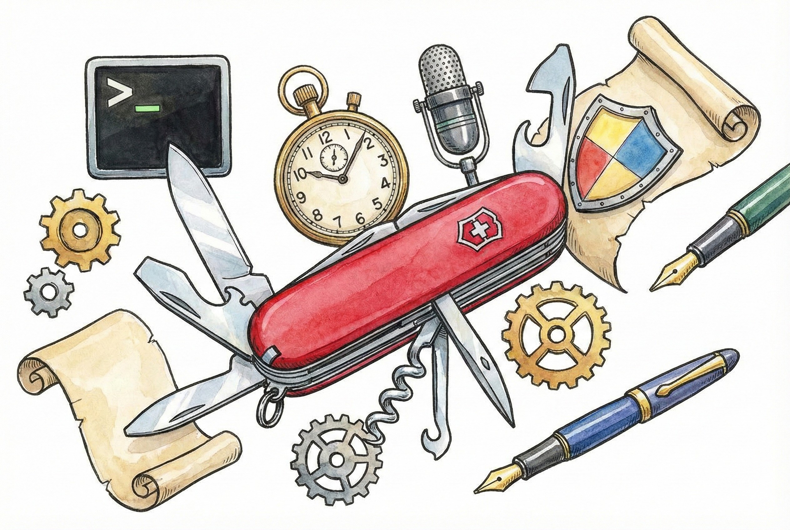 一把打开的多功能瑞士军刀，展开的工具包括终端黑框图标、时钟、麦克风话筒和一面盾牌，周围散落着齿轮，羊皮纸，钢笔彩色手绘的统一风格。