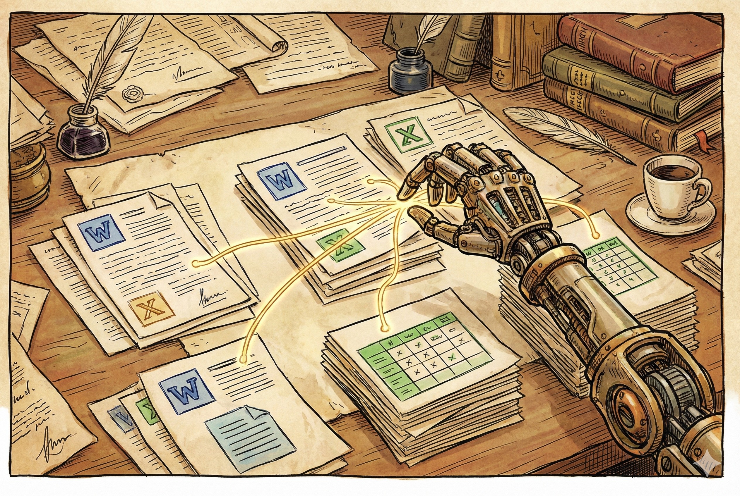 一只精密的机械手正在整理桌面上杂乱的纸质文件、Word文档图标和Excel表格，用发光的线条将它们归类整齐，背景是办公桌，羊皮纸，钢笔彩色手绘的统一风格。