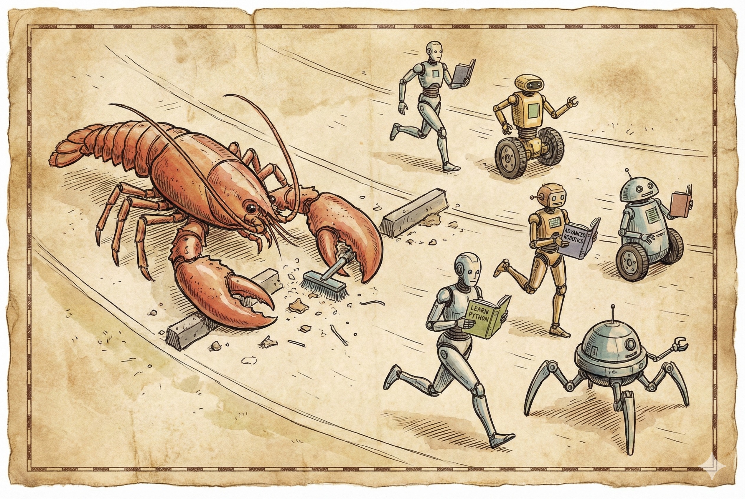 赛道上几个不同造型的机器人正在奔跑，有的机器人边跑边阅读书本学习新技能，一只大龙虾形状的机器人在自动清理路障，羊皮纸，钢笔彩色手绘的统一风格。