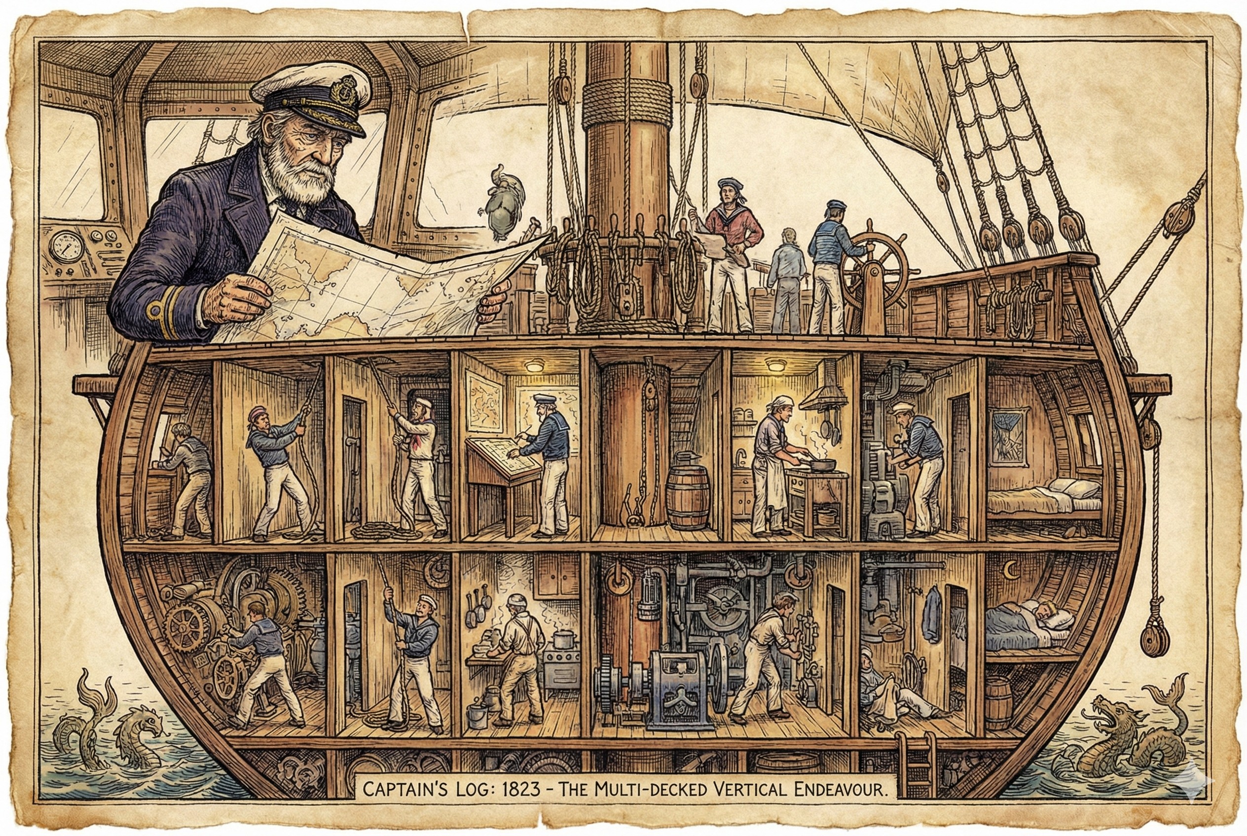 一位船长站在舰桥上查看航海图，指挥着下方甲板上许多水手，水手们在各自独立的隔间里垂直地处理不同的任务，互不干扰，羊皮纸，钢笔彩色手绘的统一风格。