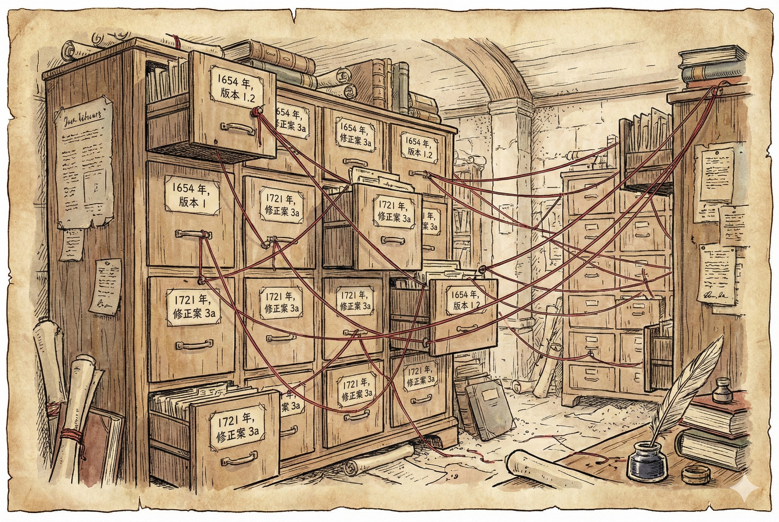 一个古老的图书馆档案室，巨大的文件柜上贴着详细的时间标签和版本号，红色的细线连接着不同日期的文件档案，形成复杂的脉络，羊皮纸，钢笔彩色手绘的统一风格。