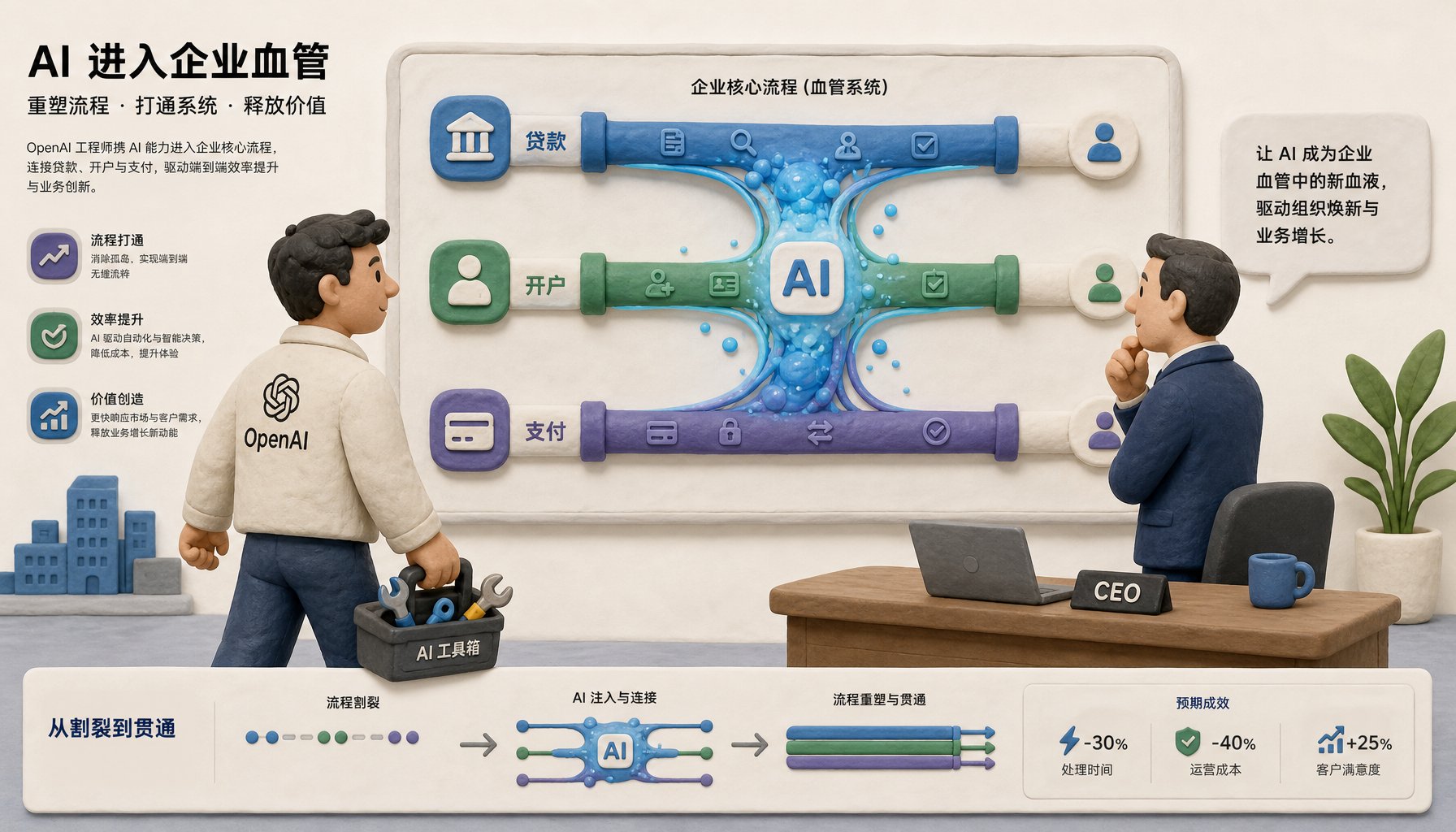 一位 OpenAI 工程师带着工具箱走进企业总部，与 CEO 站在由贷款、开户、支付三条管道组成的流程图前讨论改造方案，画面中央是“AI 进入企业血管”的隐喻构图，浅色背景的商业评论版橡皮泥平面信息图的统一风格。