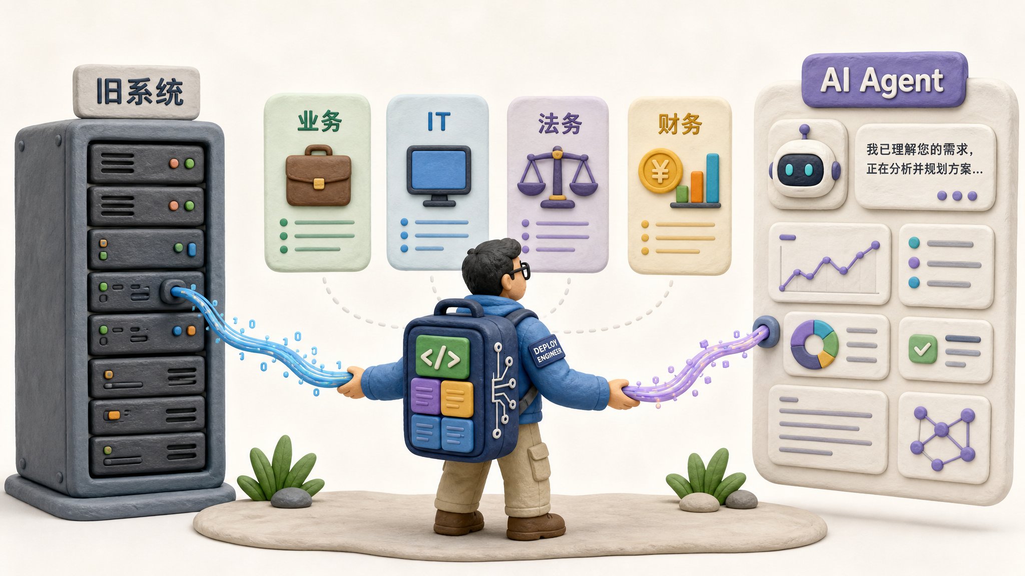 一名背着代码背包的前沿部署工程师站在客户现场，左手连接企业旧系统服务器，右手连接 AI Agent 面板，中间隔着业务、IT、法务、财务四个角色的接口卡片，浅色背景的商业评论版橡皮泥平面信息图的统一风格。