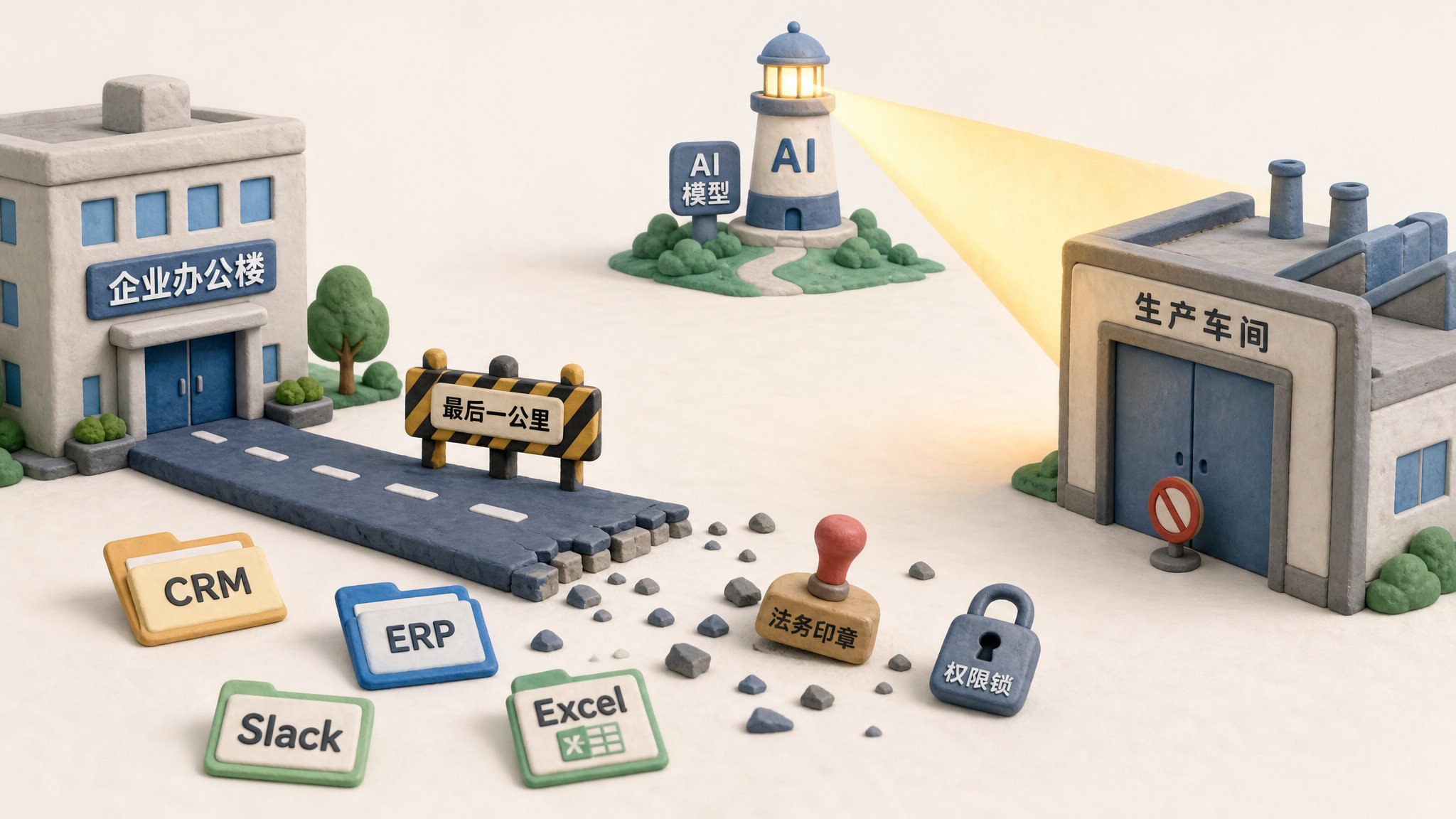 企业办公楼前铺着一条未接通的最后一公里道路，路上散落 CRM、ERP、Slack、Excel、法务印章和权限锁，远处 AI 模型灯塔亮着但无法进入生产车间，浅色背景的商业评论版橡皮泥平面信息图的统一风格。