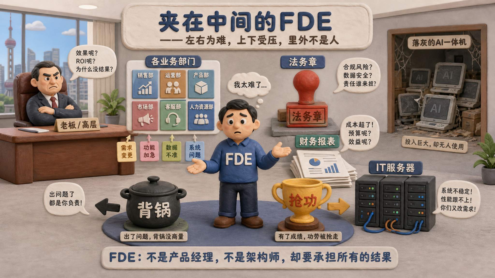 中国企业会议室里，FDE 站在老板、部门墙、法务章、财务报表和 IT 服务器之间，脚下有“背锅”黑锅和“抢功”奖杯两个相反标识，远处堆着落灰的 AI 一体机，浅色背景的商业评论版橡皮泥平面信息图的统一风格。