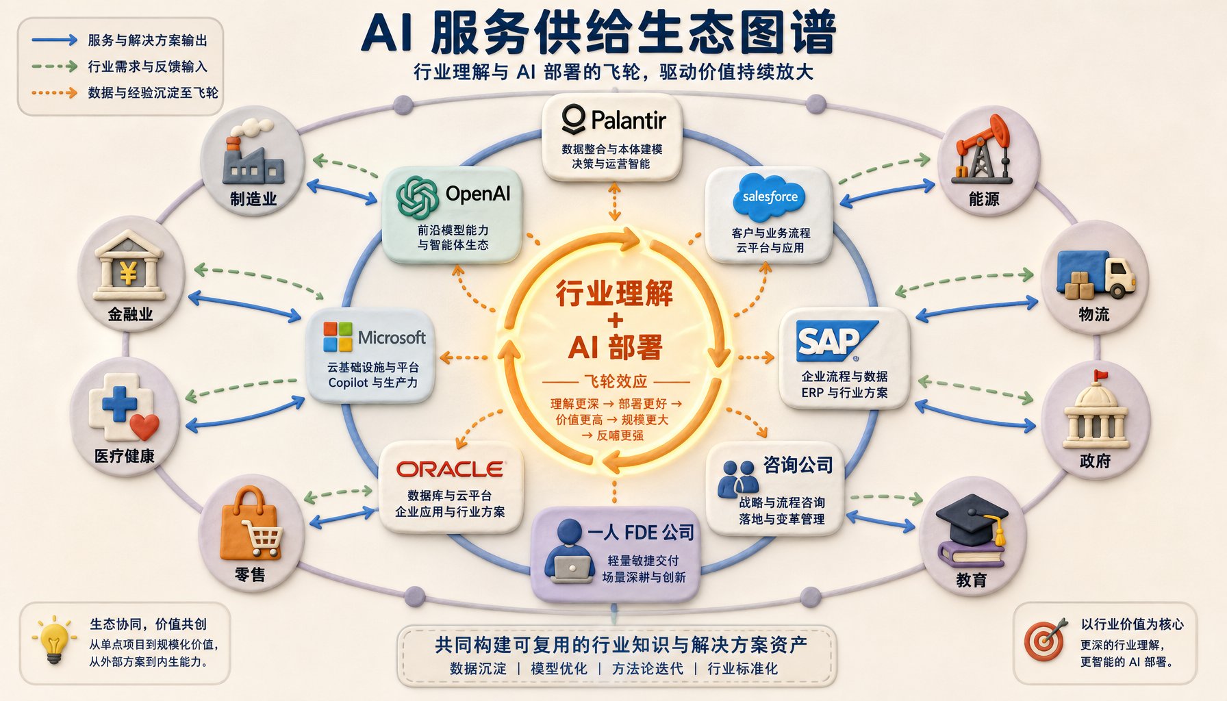 一张服务供给生态地图，Palantir、OpenAI、Salesforce、SAP、Oracle、Microsoft、咨询公司和一人 FDE 公司围绕不同行业客户排列，中间是“行业理解加 AI 部署”的复利飞轮，浅色背景的商业评论版橡皮泥平面信息图的统一风格。