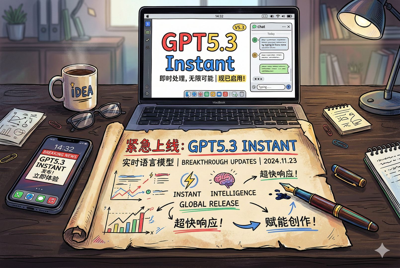 深色桌面上摊开一张羊皮纸，旁边放着钢笔、手机与笔记本电脑屏幕显示“GPT5.3 Instant”字样，画面有紧急上线的新闻感与工具感，羊皮纸，钢笔彩色手绘的统一风格。
